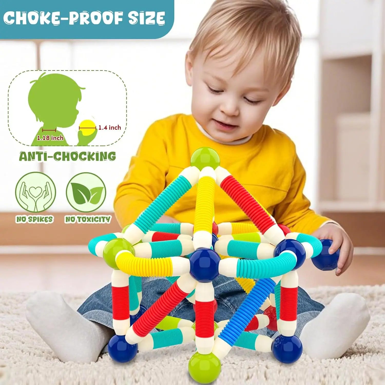 Child playing with a colorful toy structure on a carpeted floor, with safety features highlighted.