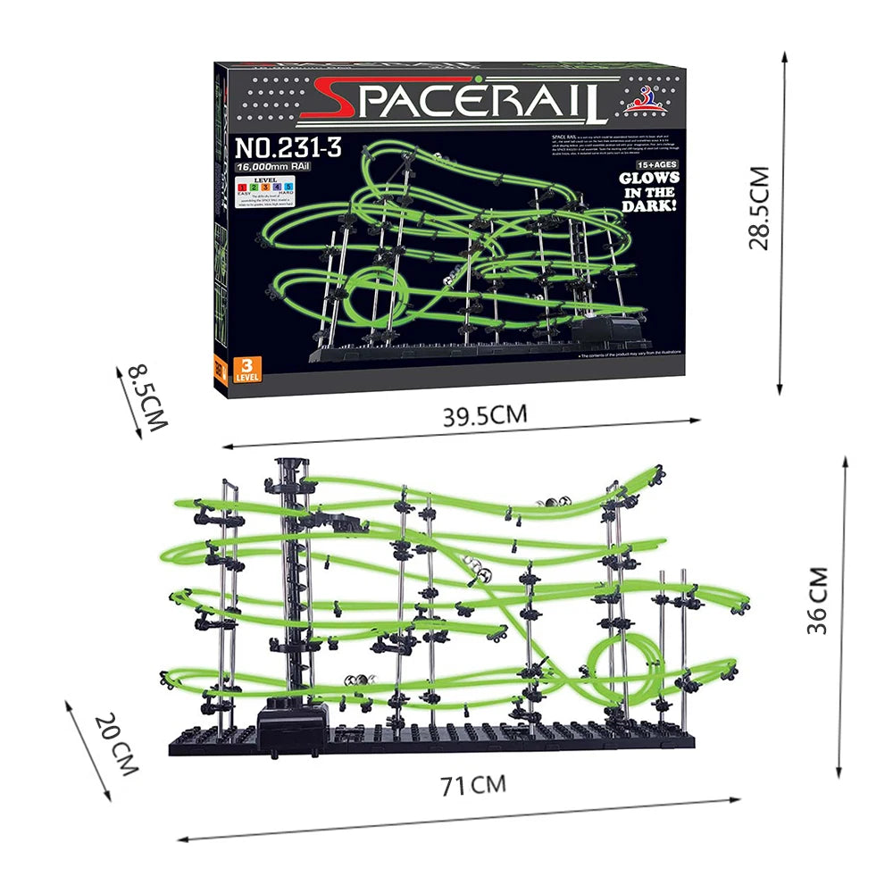 SpaceRail toy set with dimensions and packaging on a white background