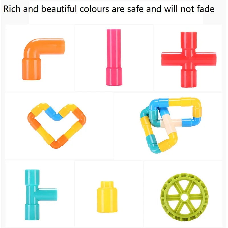 Colorful plastic building blocks on a white background with text about color safety.