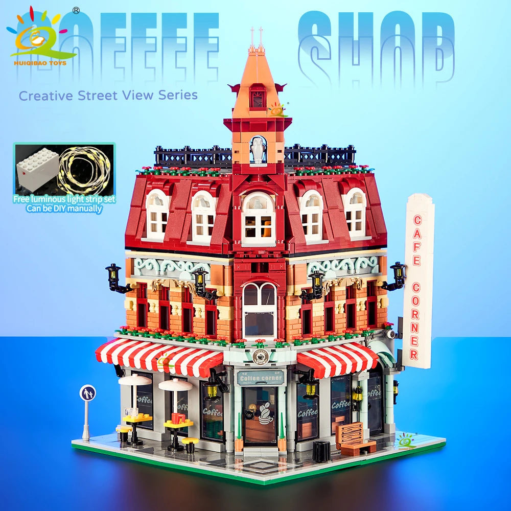 Toy building set resembling a cafe with a red roof and striped awnings on a blue background.
