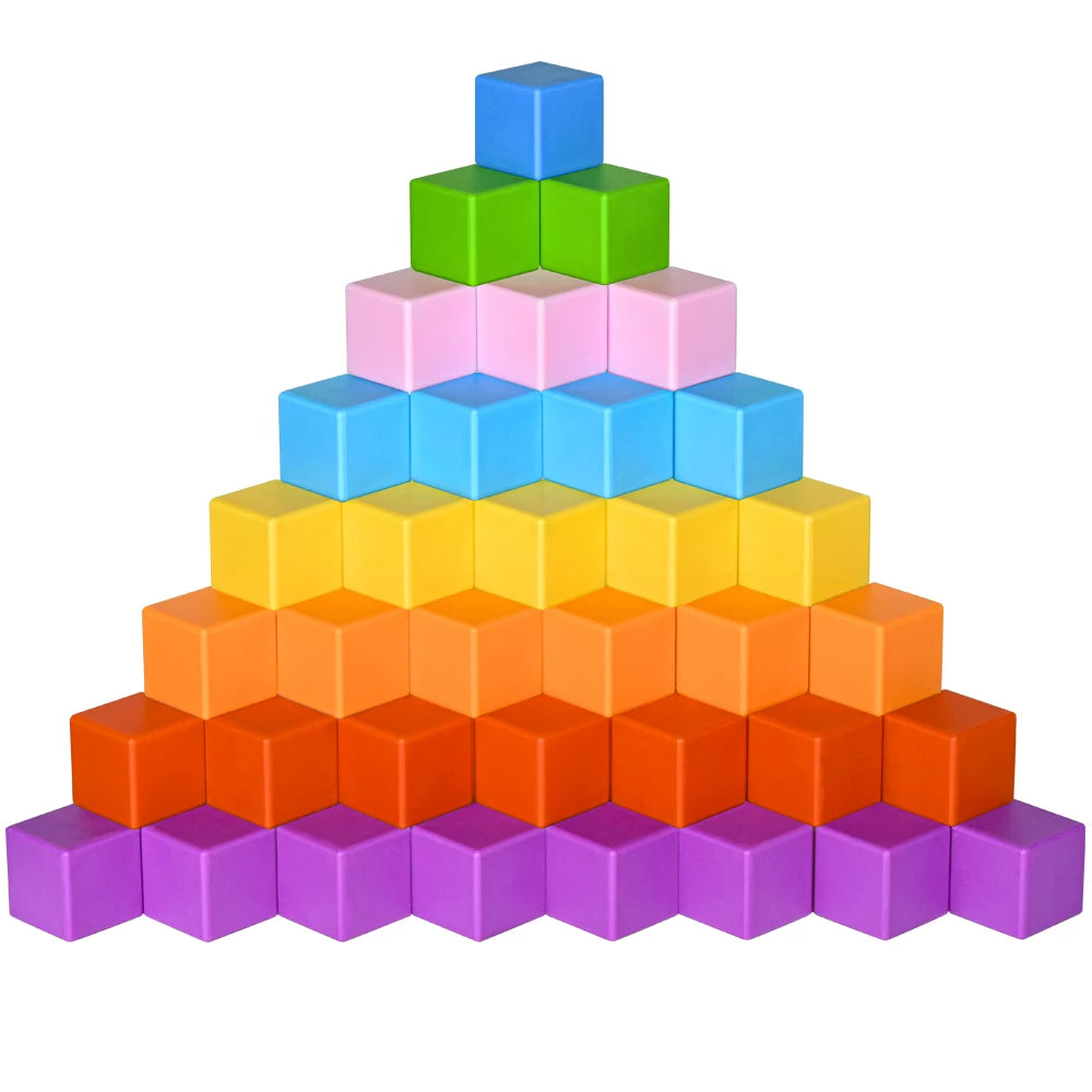 Pyramid structure made of colorful cube blocks on a white background