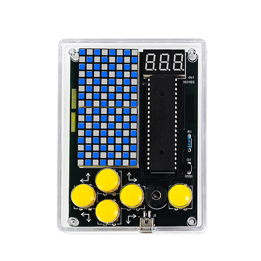 Electronic component board with digital display and buttons on a white background