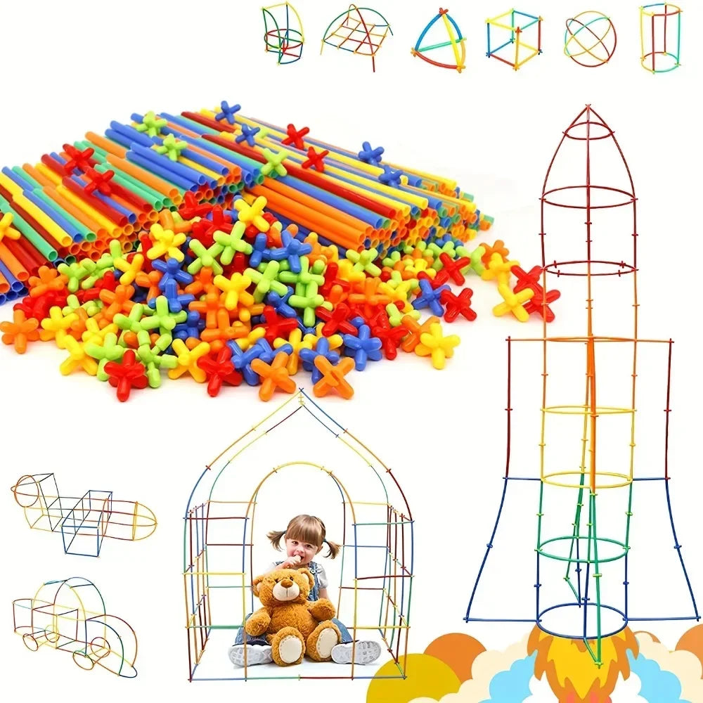 Colorful building blocks and structures with a child and teddy bear on a white background