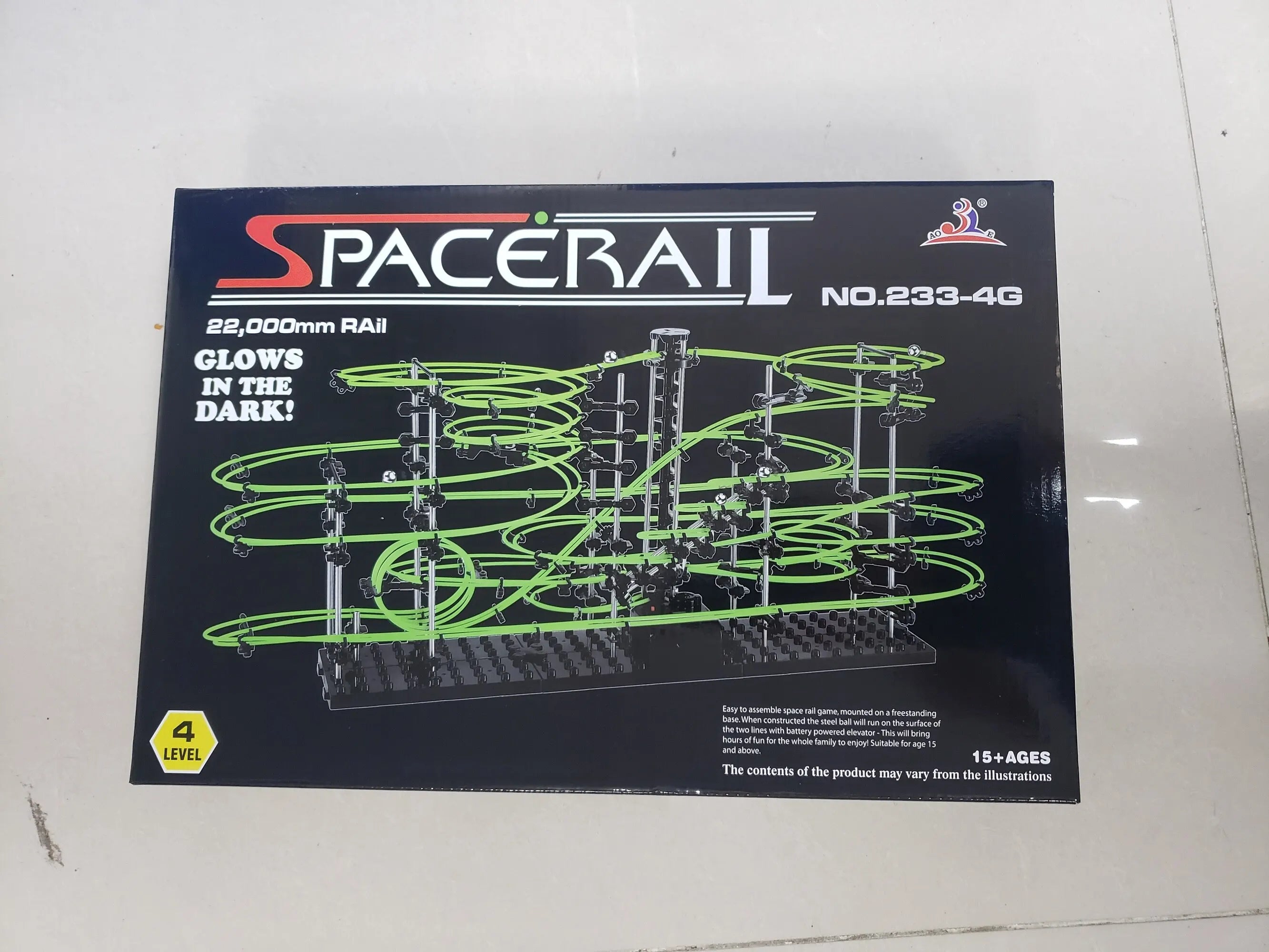SpaceRail toy set packaging with glowing track design on a white background
