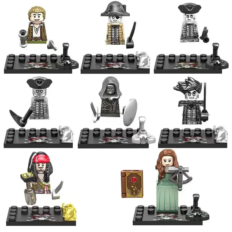 Collection of LEGO pirate minifigures on display stands with a white background