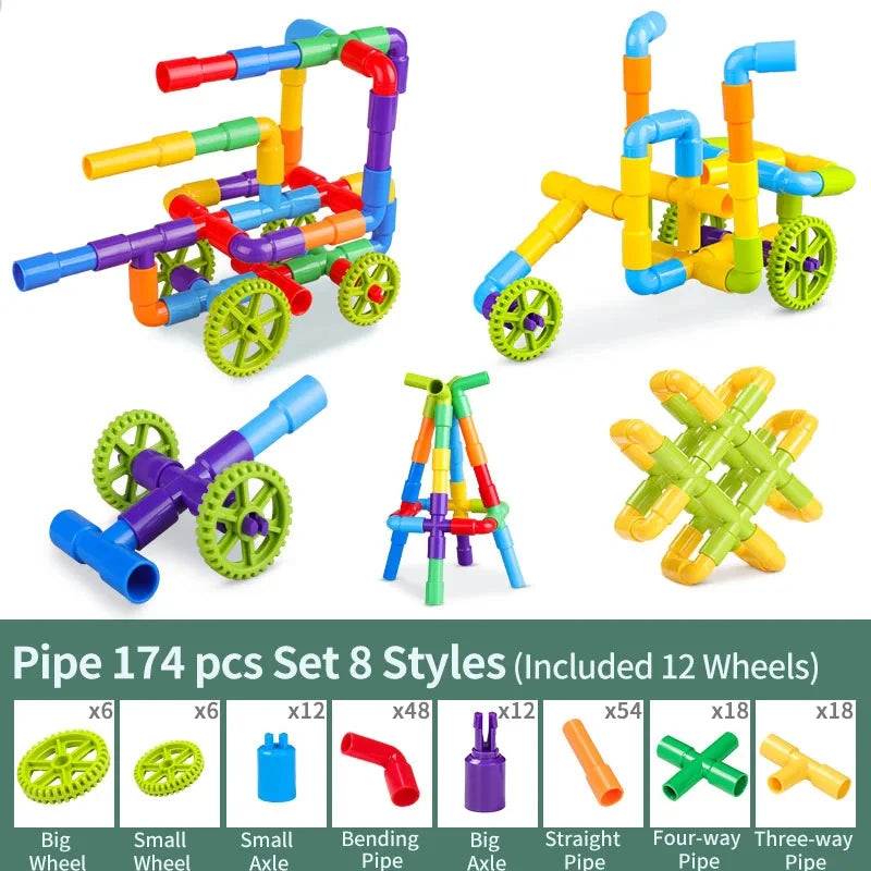 Colorful pipe building set with various shapes and wheels on a white background