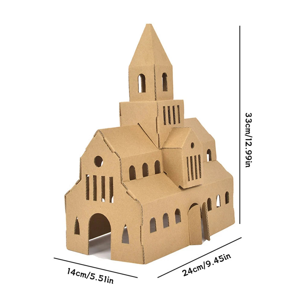 Cardboard model of a building with dimensions indicated on a white background