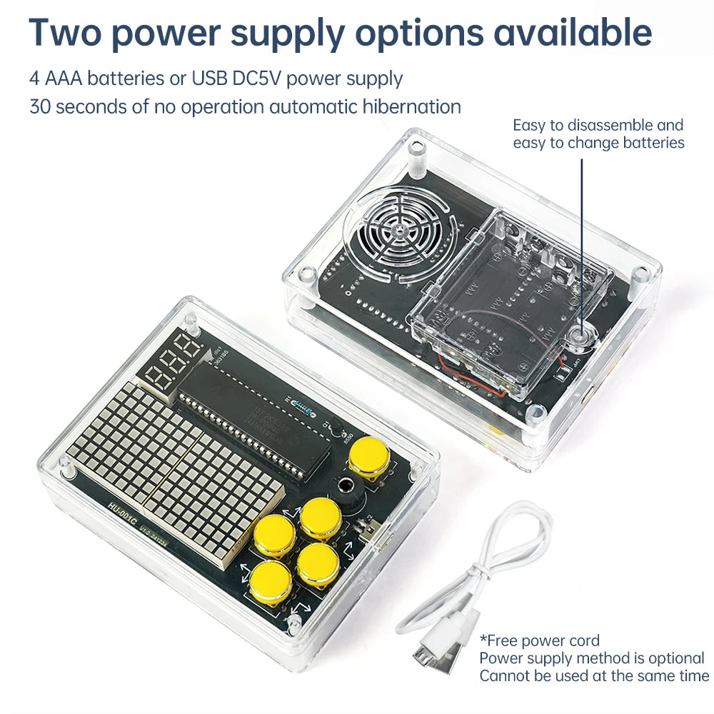 Electronic device with power supply options including batteries and USB, on a white background.