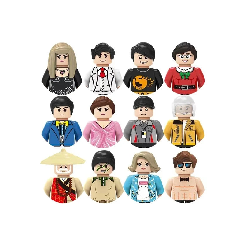 Set of 12 character figurines in various outfits on a white background
