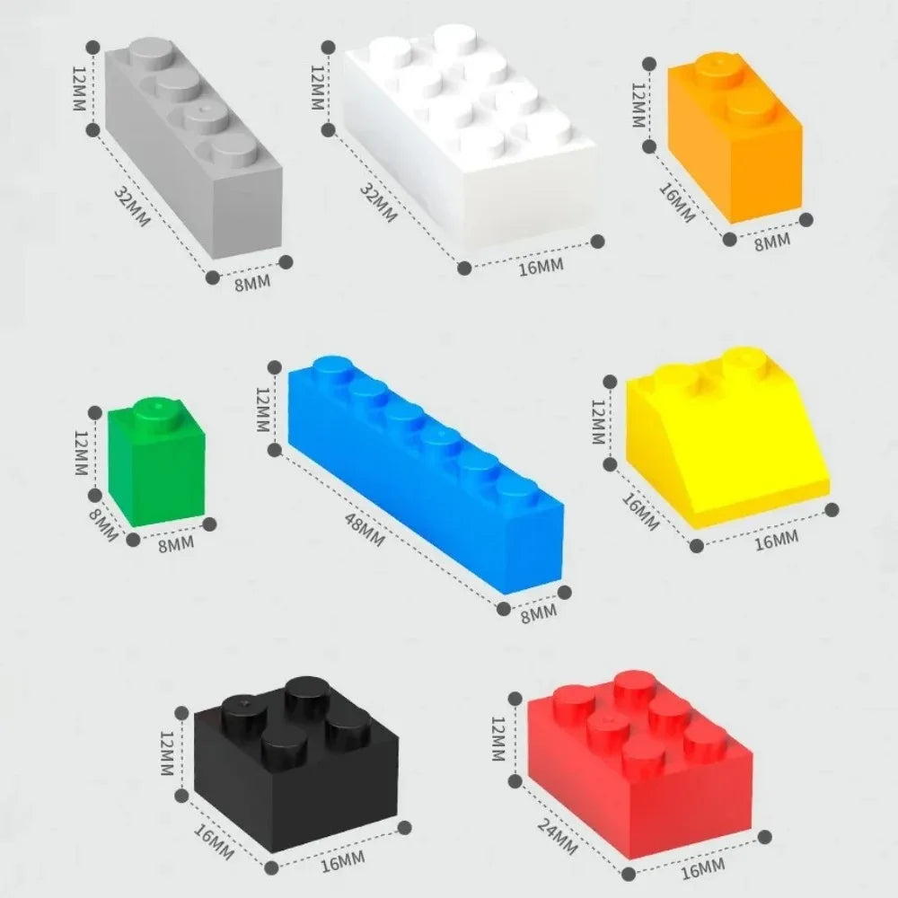 Set of colorful building blocks with dimensions labeled on a light gray background