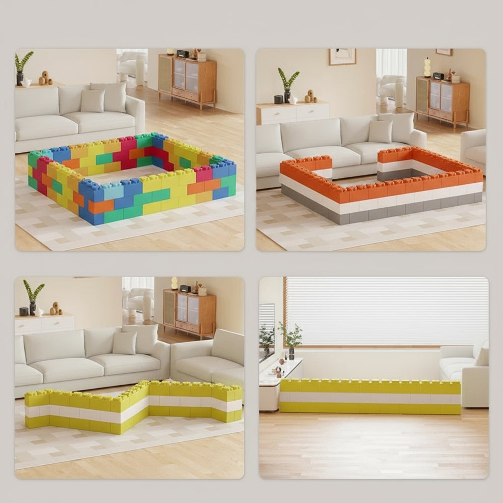 Colorful playpen structures in a living room setting with text indicating different enclosure options.