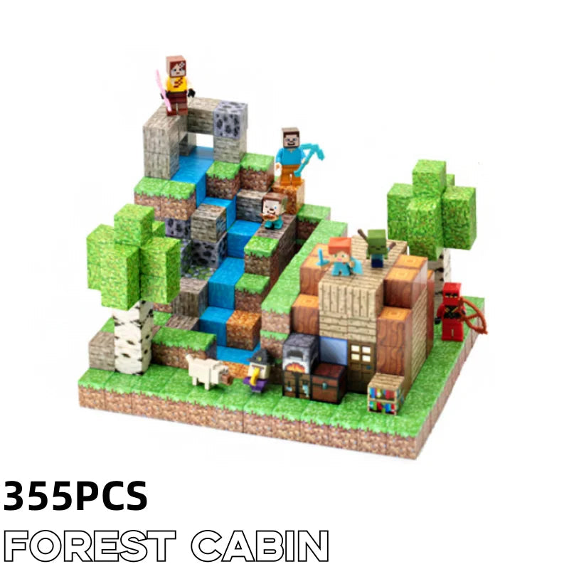Toy building set with characters and animals on a white background, labeled '355PCS Forest Cabin'.