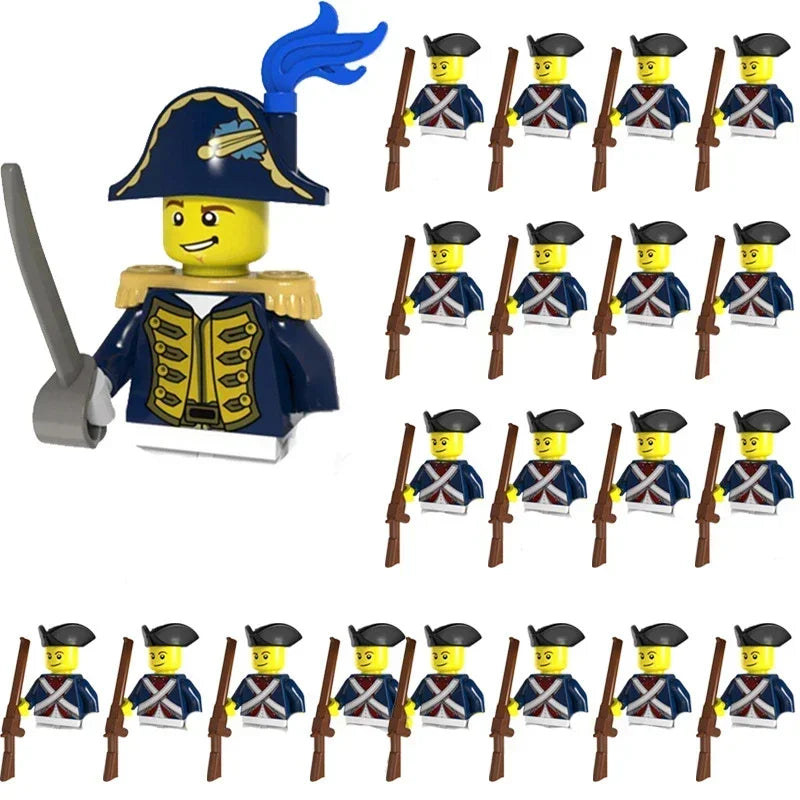 Set of LEGO figures in military uniforms with rifles on a white background