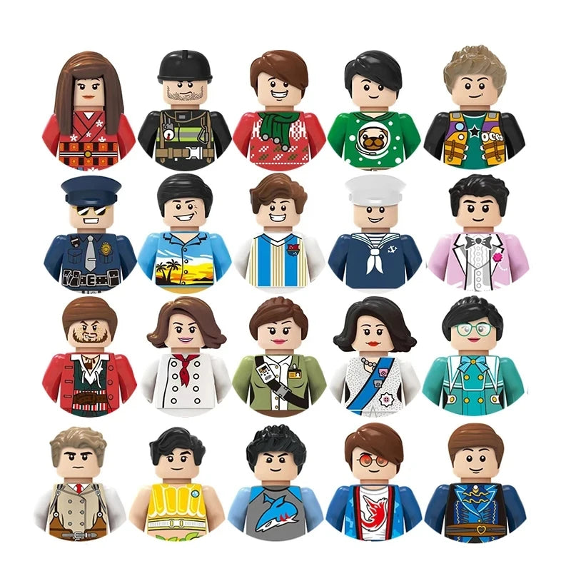 Set of toy figures in various outfits on a white background