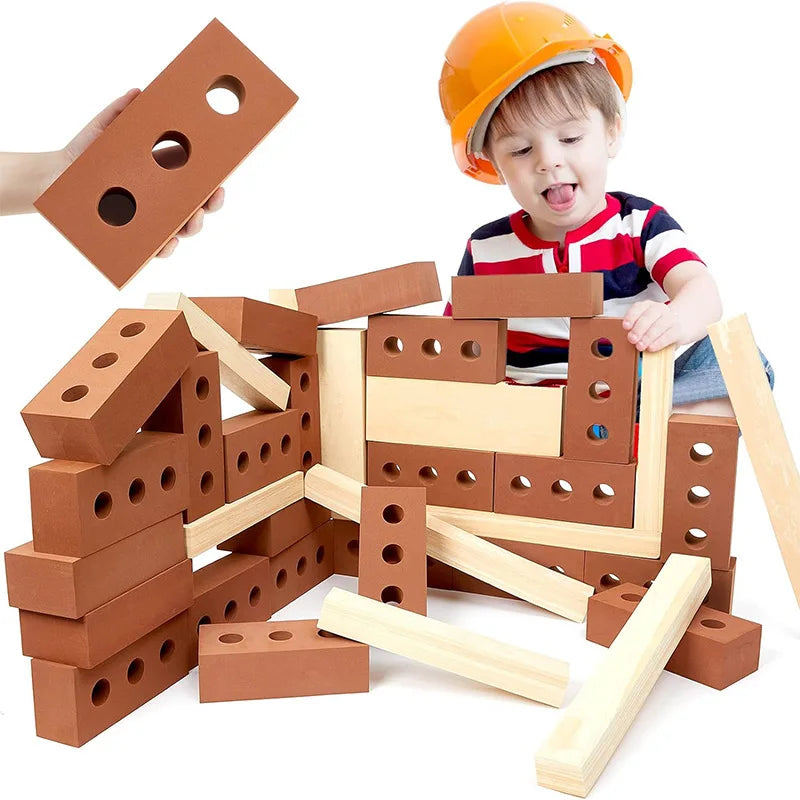 Child playing with construction toy blocks wearing a hard hat on a white background