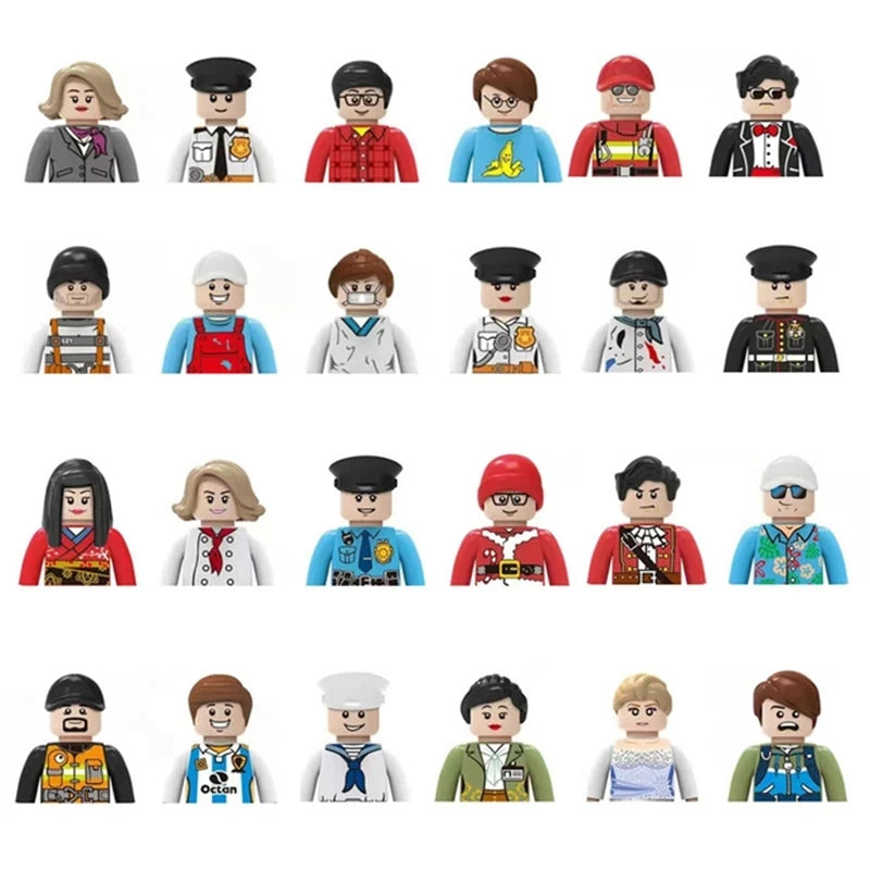 Set of 20 colorful toy figures in various outfits on a white background