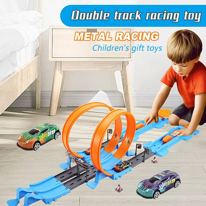 Child playing with a double track racing toy set in a bedroom.