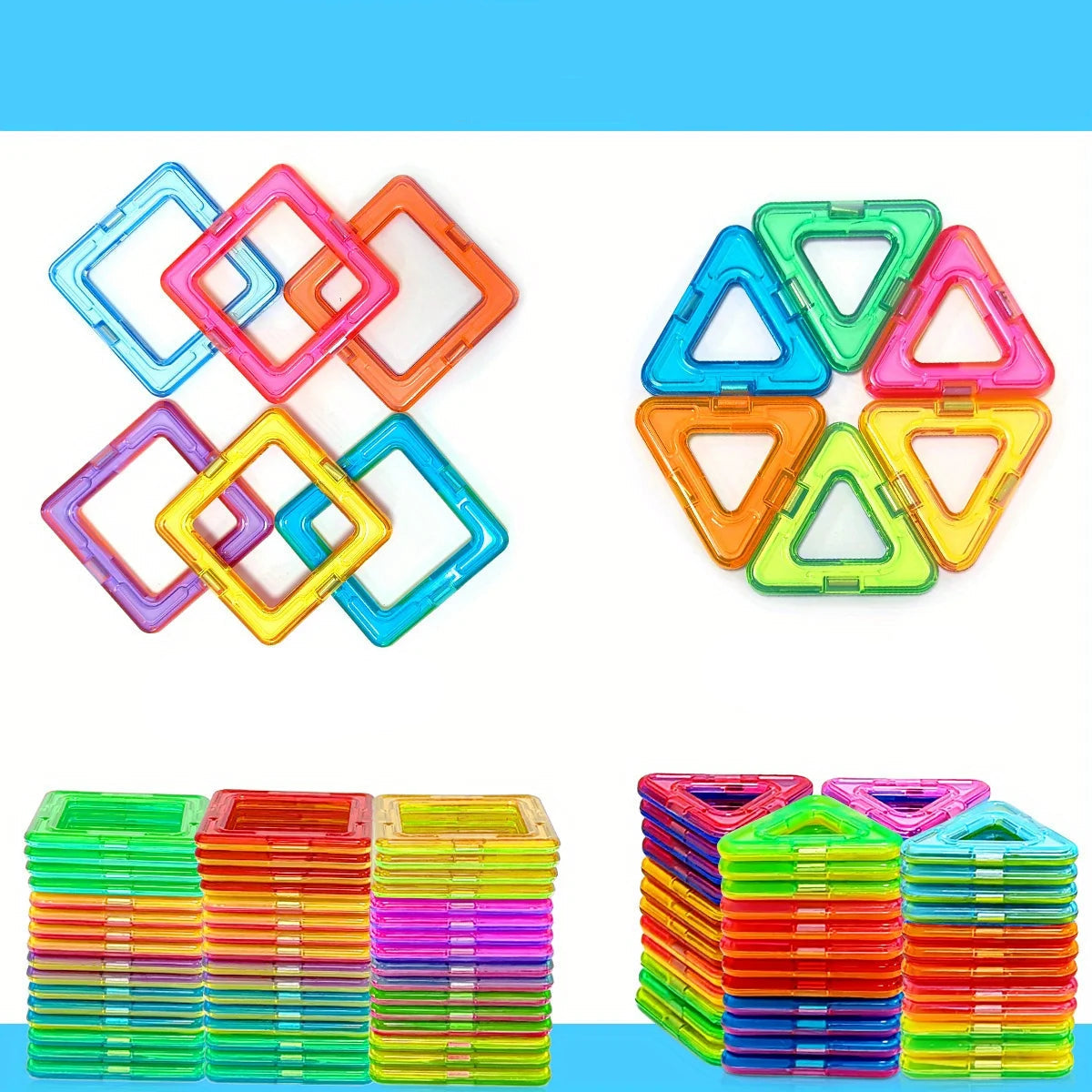 Set of colorful magnetic building blocks with text indicating quantity and size.