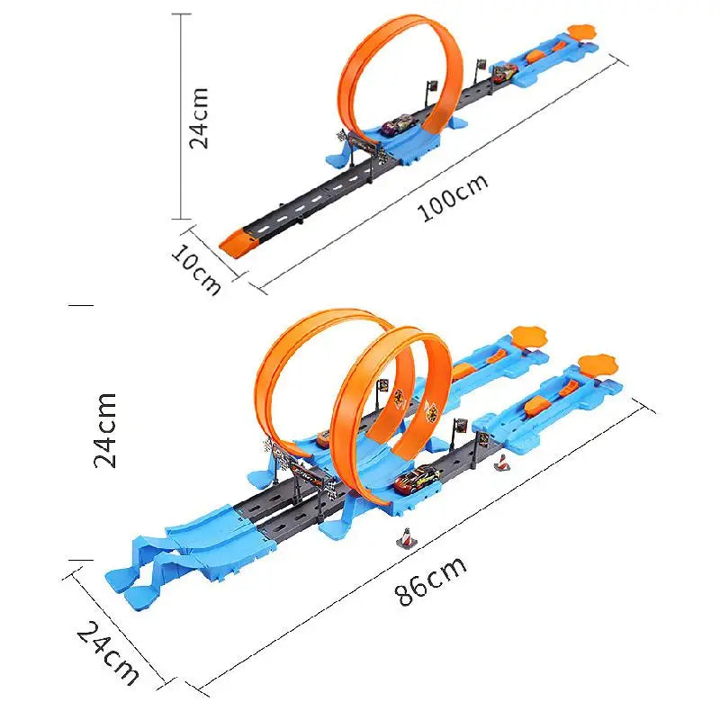 Toy track set with dimensions labeled on a white background