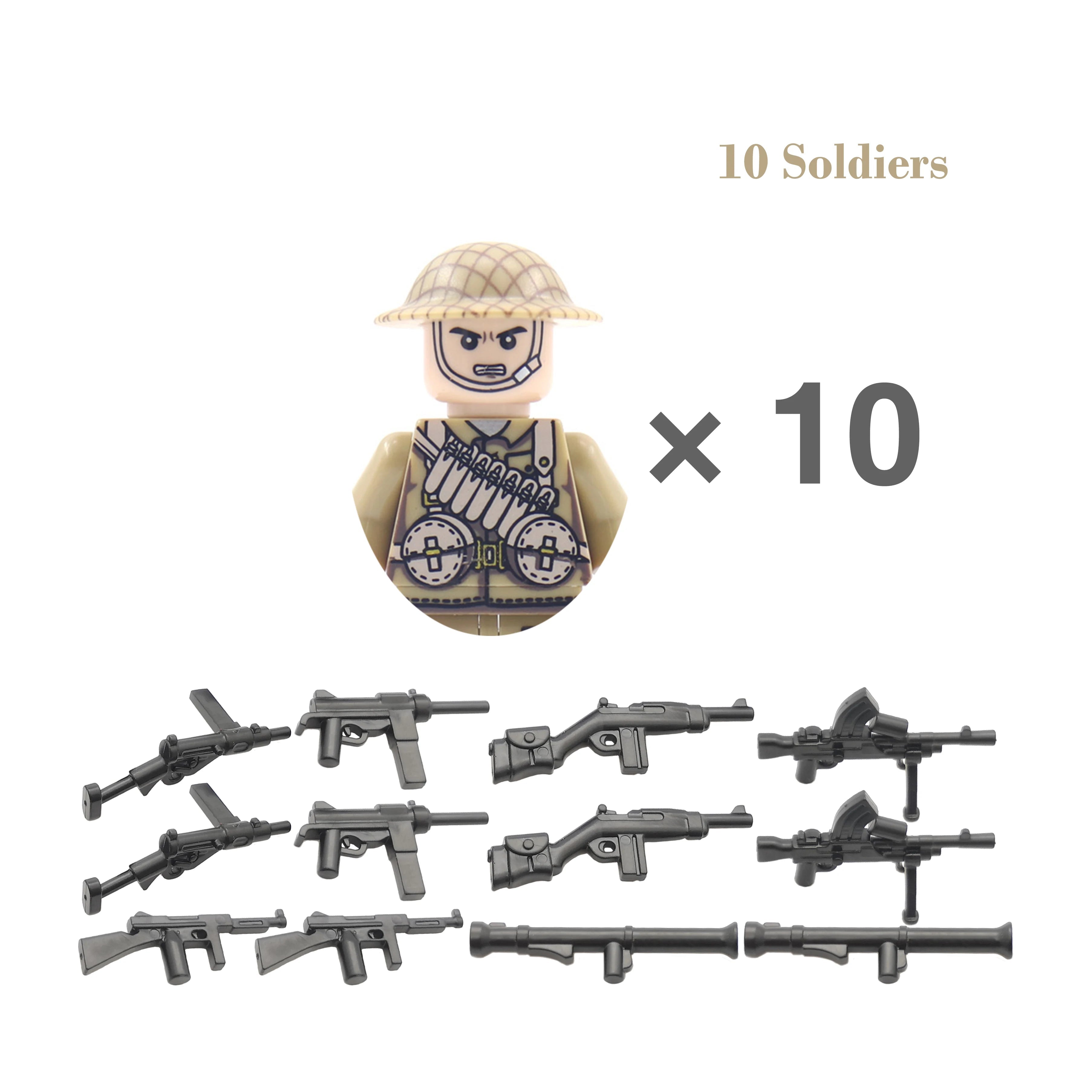 Set of toy soldiers with weapons on a white background