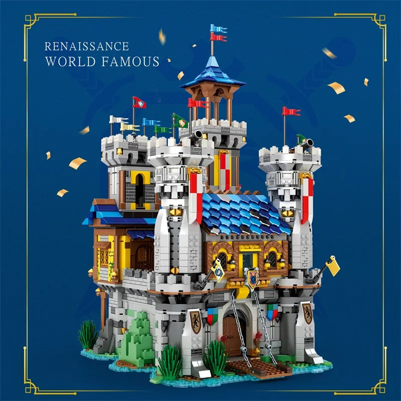 Toy castle model on a blue background with 'Renaissance World Famous' text.