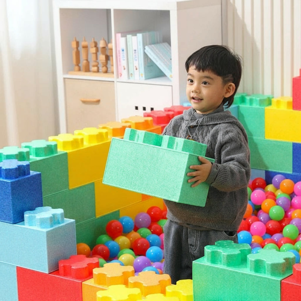 Child playing with colorful building blocks and balls in a room.