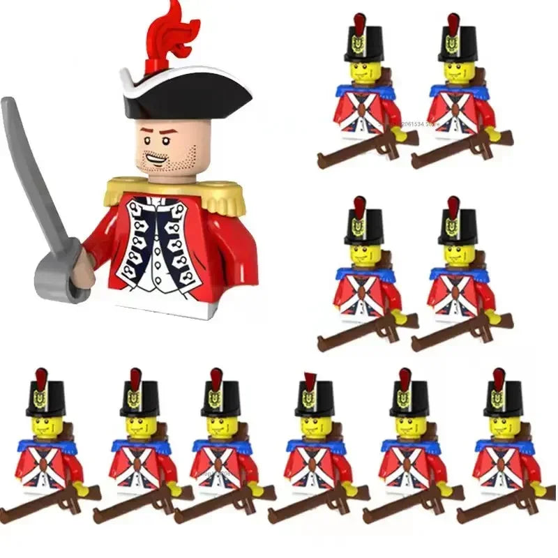 LEGO mini figure of a British soldier with a sword, surrounded by multiple identical figures on a white background.