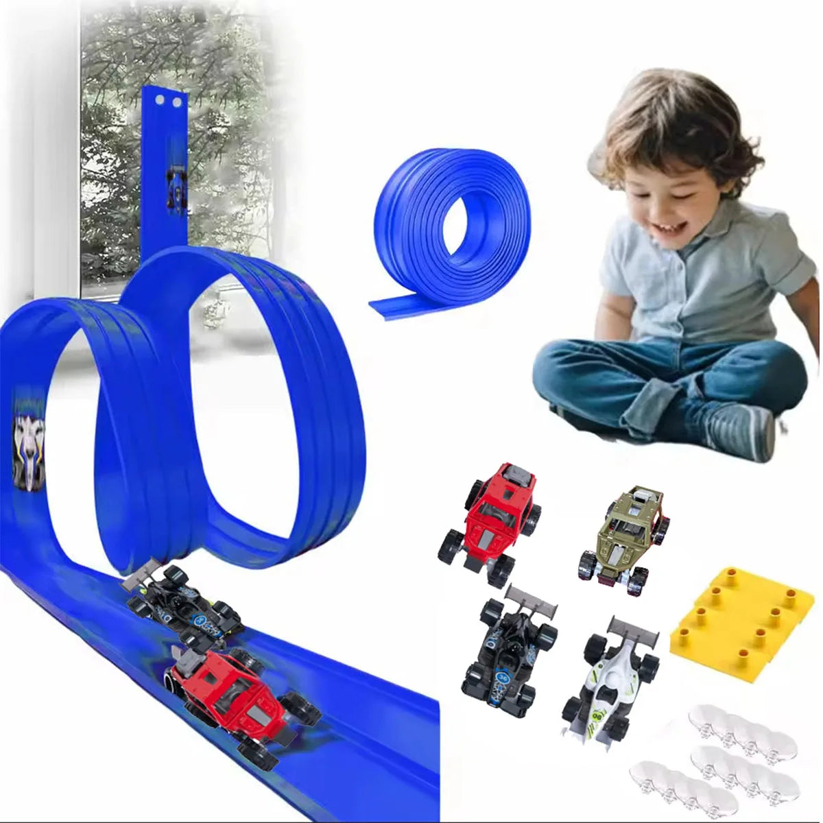 Toy race track set with cars and a child playing