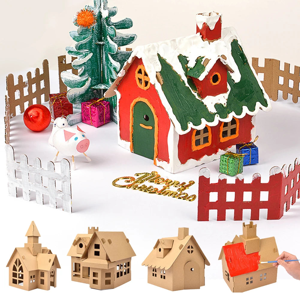 Christmas-themed cardboard house set with decorations on a white background