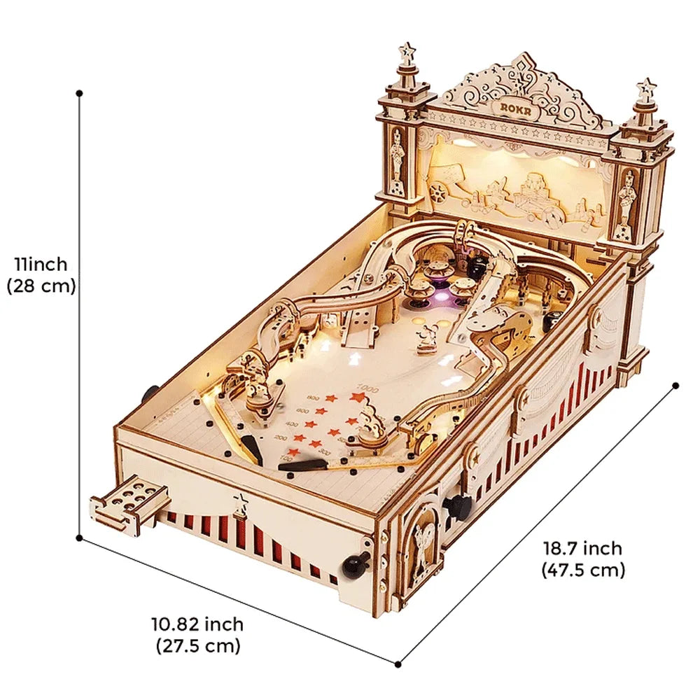Wooden mechanical model with intricate details and dimensions indicated on a white background