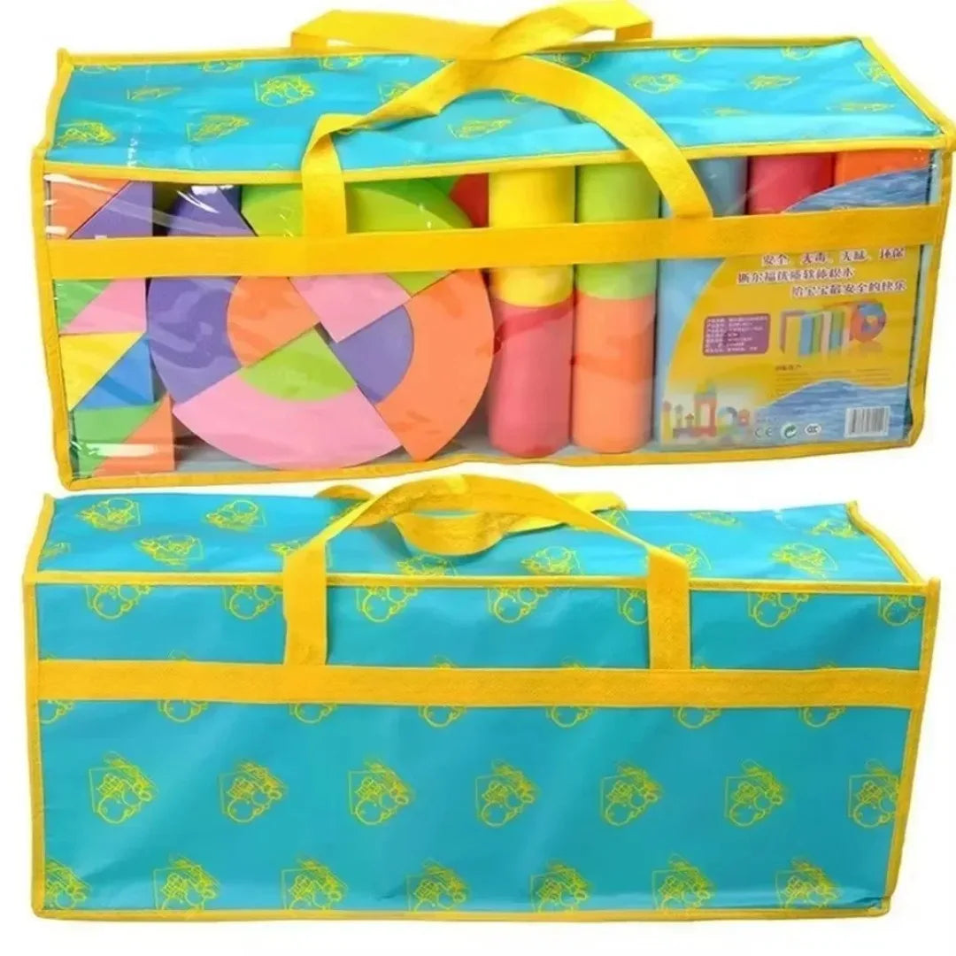 Colorful geometric shapes in a storage bag with a blue lid and yellow handles.