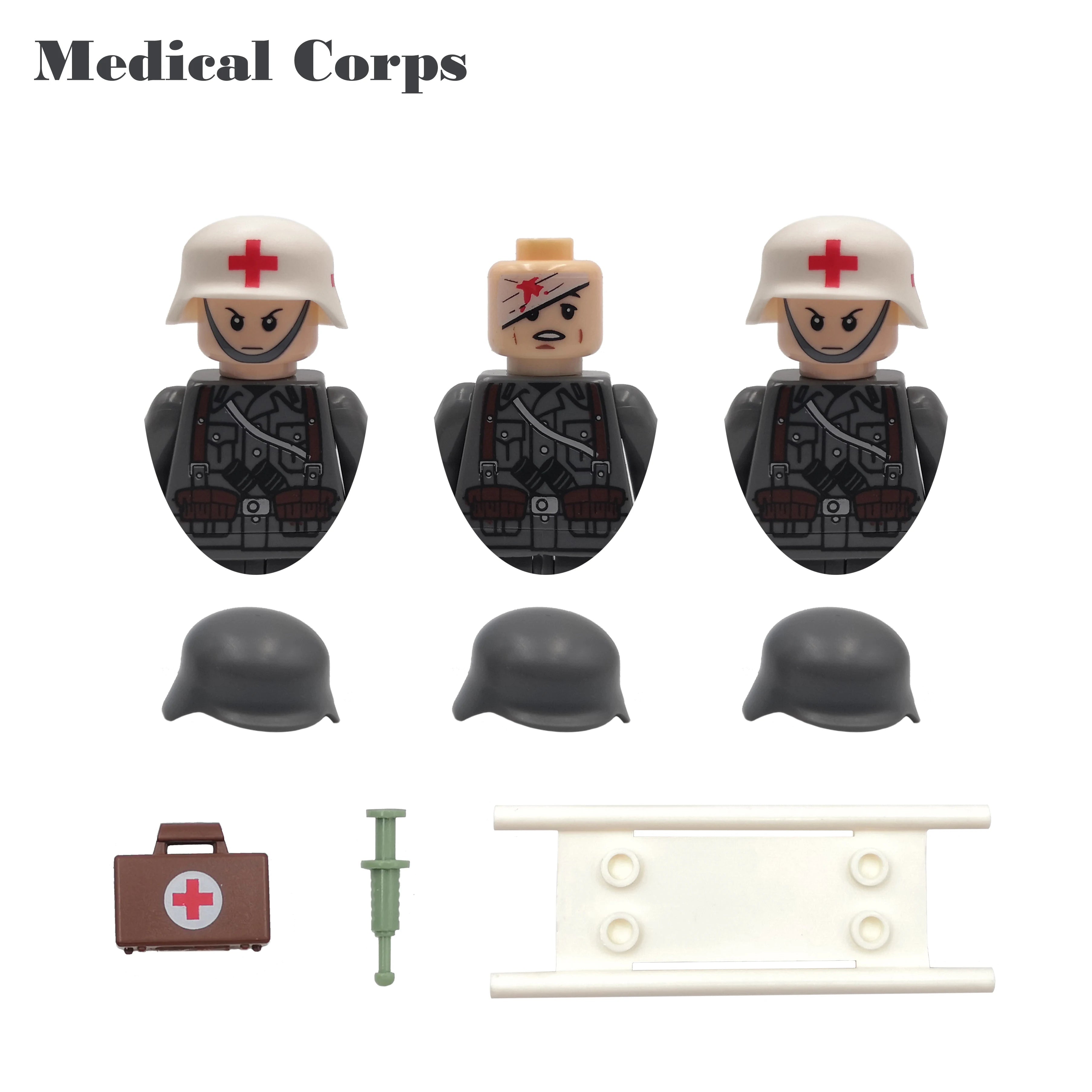 Set of toy figures and accessories labeled 'Medical Corps' with 'SDR-MD03HD'.