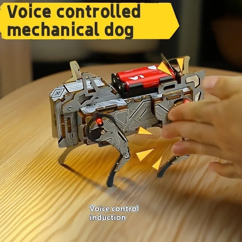 Mechanical dog toy with voice control on a wooden surface