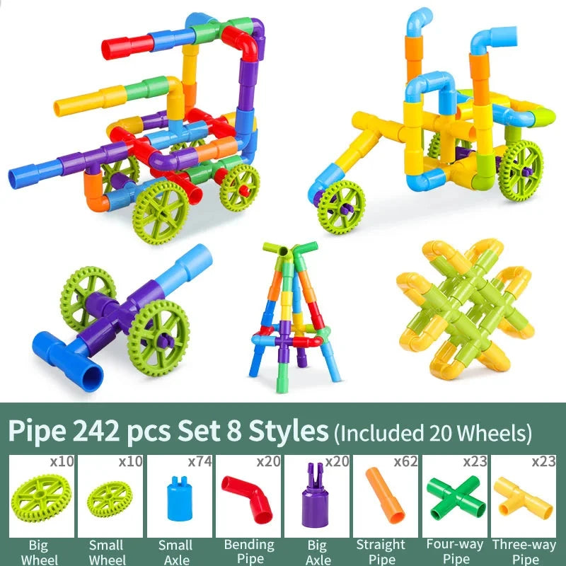 Colorful plastic pipe building set with various components on a white background