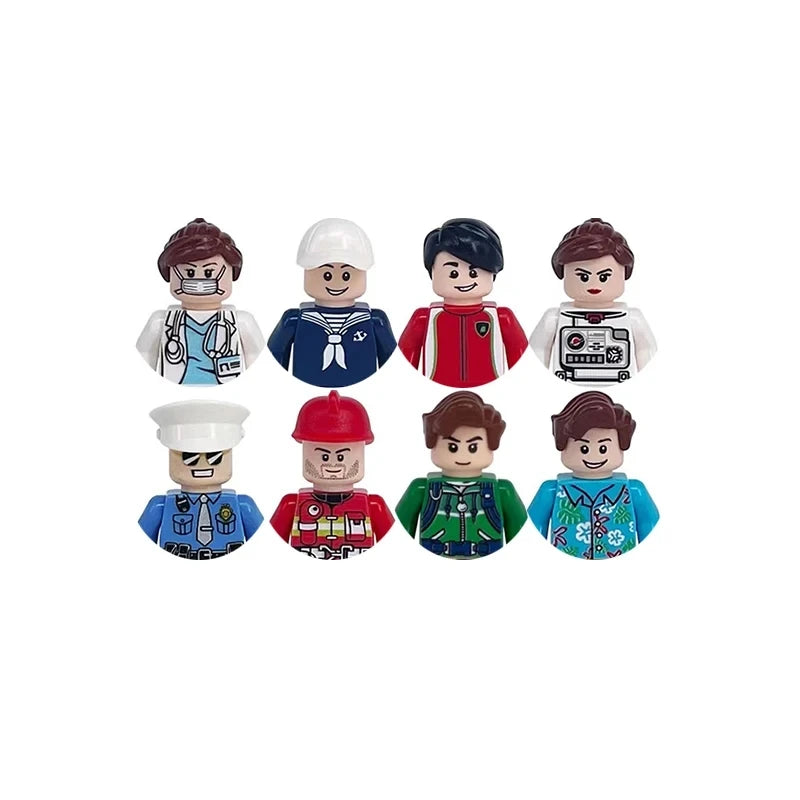 Set of eight colorful toy figures with different outfits on a white background