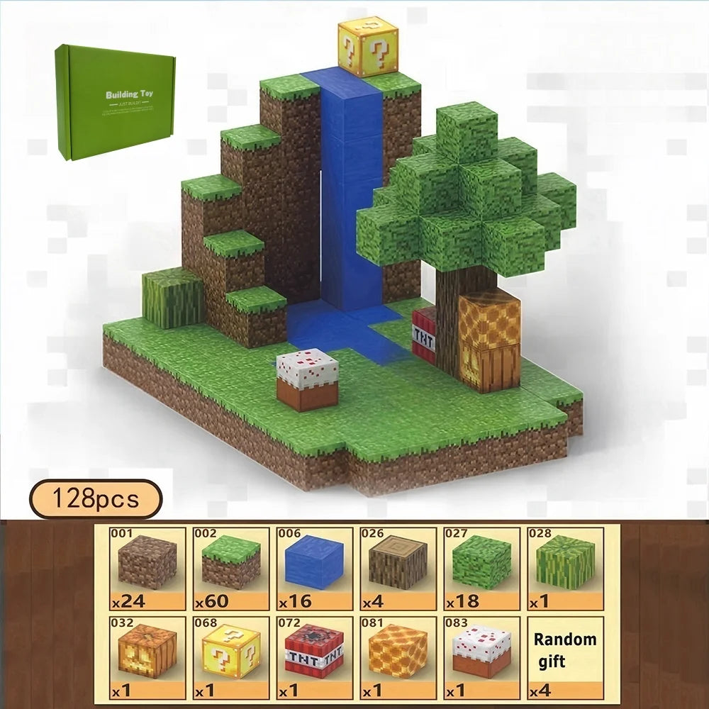 Minecraft-style building set with tree, water, and blocks on a white background