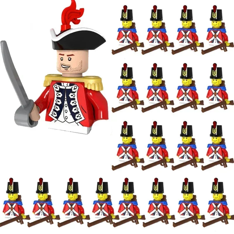 Toy figure of a historical soldier with multiple identical figures below on a white background