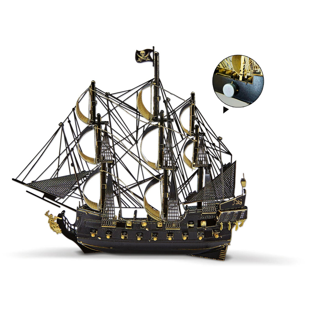 Black and gold ship model on a white background