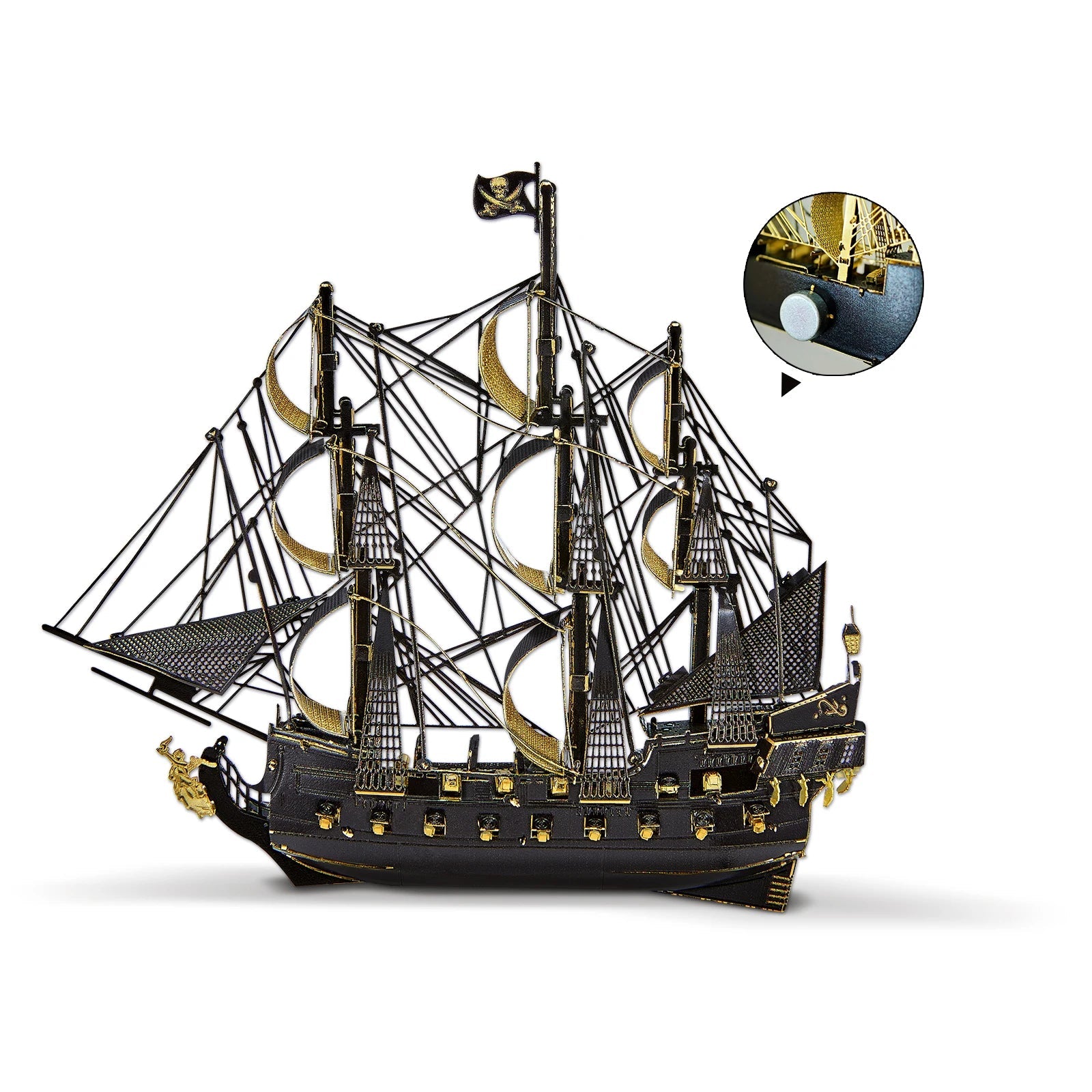 Black and gold ship model on a white background