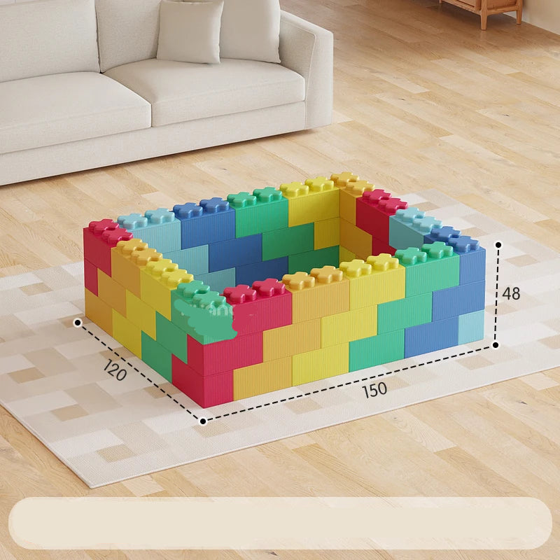 Colorful building blocks on a wooden floor with dimensions displayed