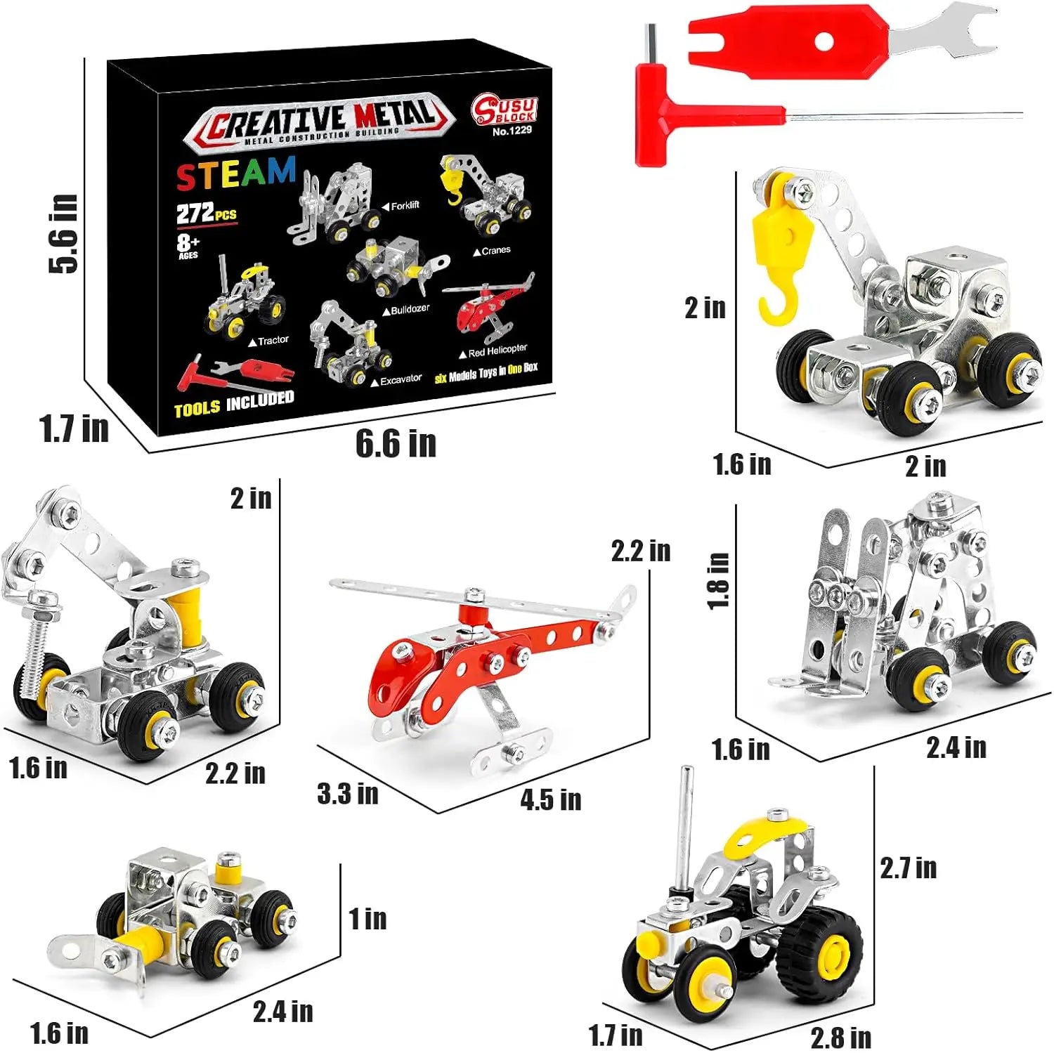 Set of metal steam engine building kits with tools and measurements displayed.