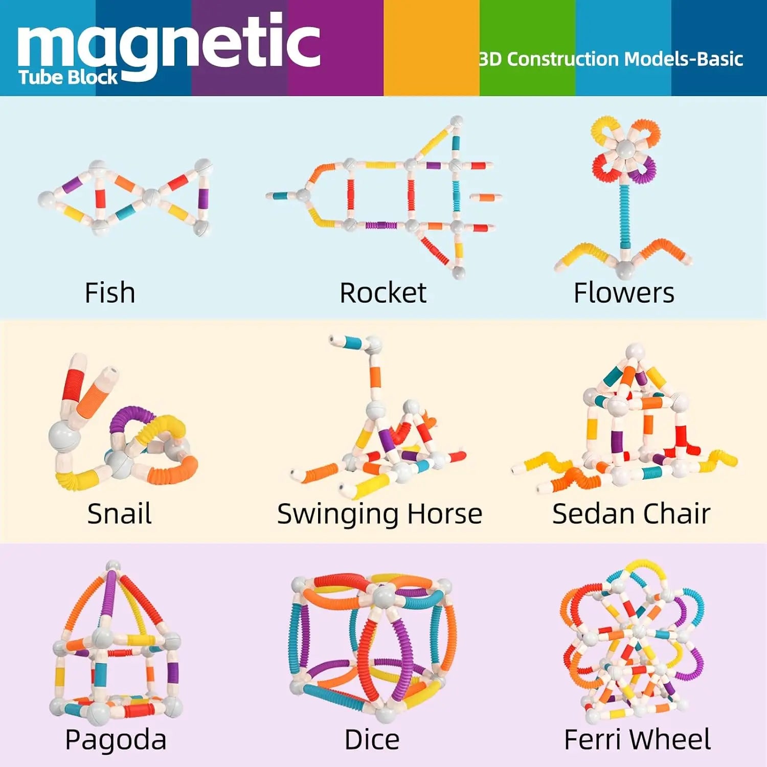Magnetic tube block models including fish, rocket, flowers, snail, swinging horse, sedan chair, pagoda, dice, and ferri wheel on a colorful background.
