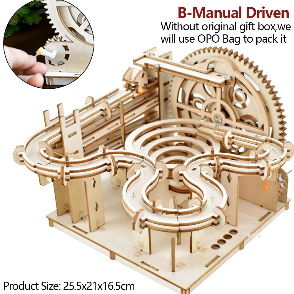 Wooden mechanical model with intricate gears and tracks, manual operation indicated.