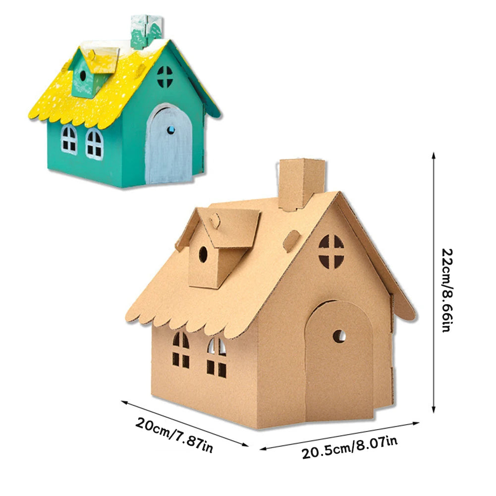 Cardboard house model with measurements on a white background