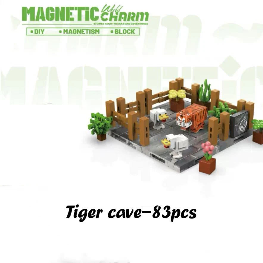 Magnetic charm tiger cave set with 83 pieces on a white background