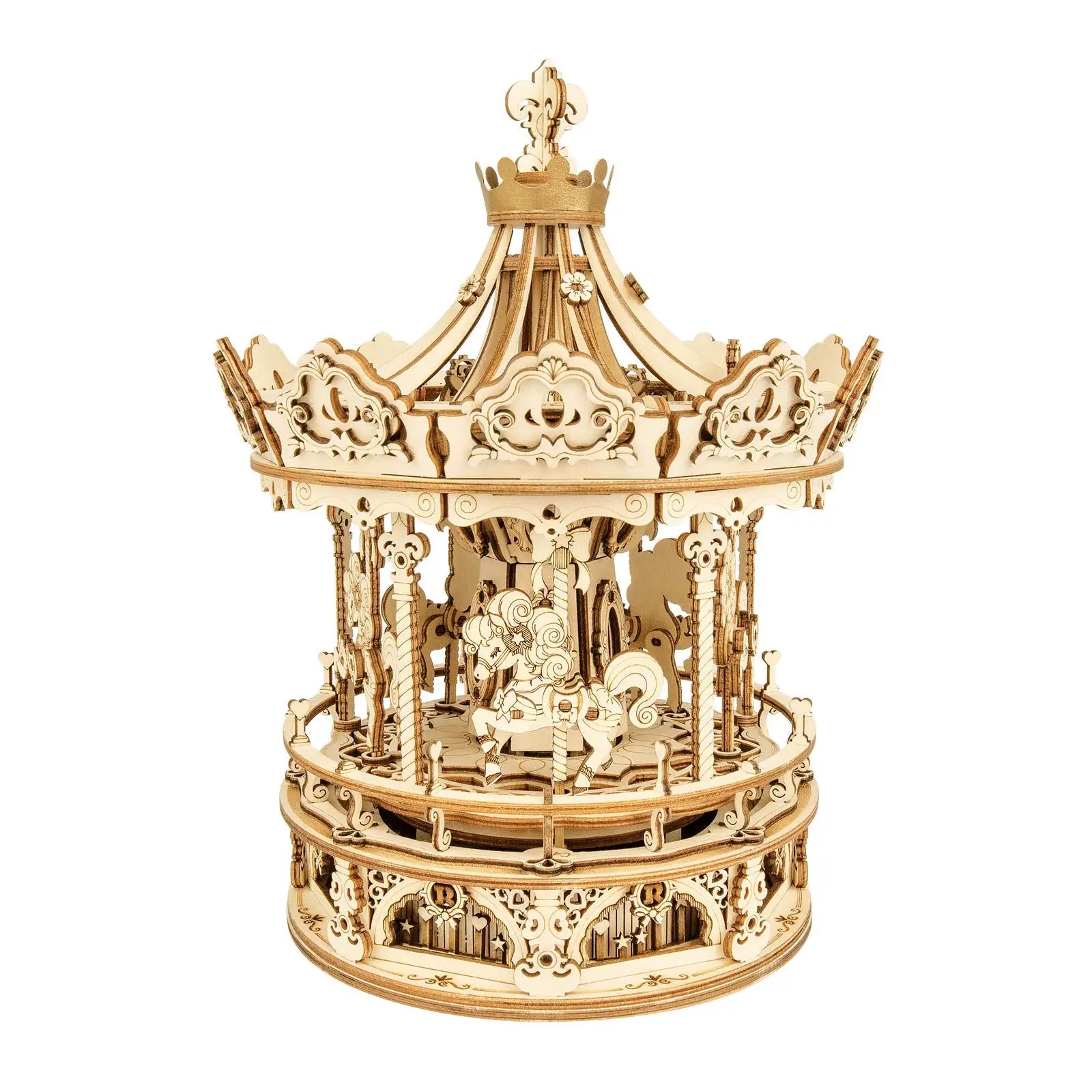 Gold mechanical model of a carousel with intricate details on a white background