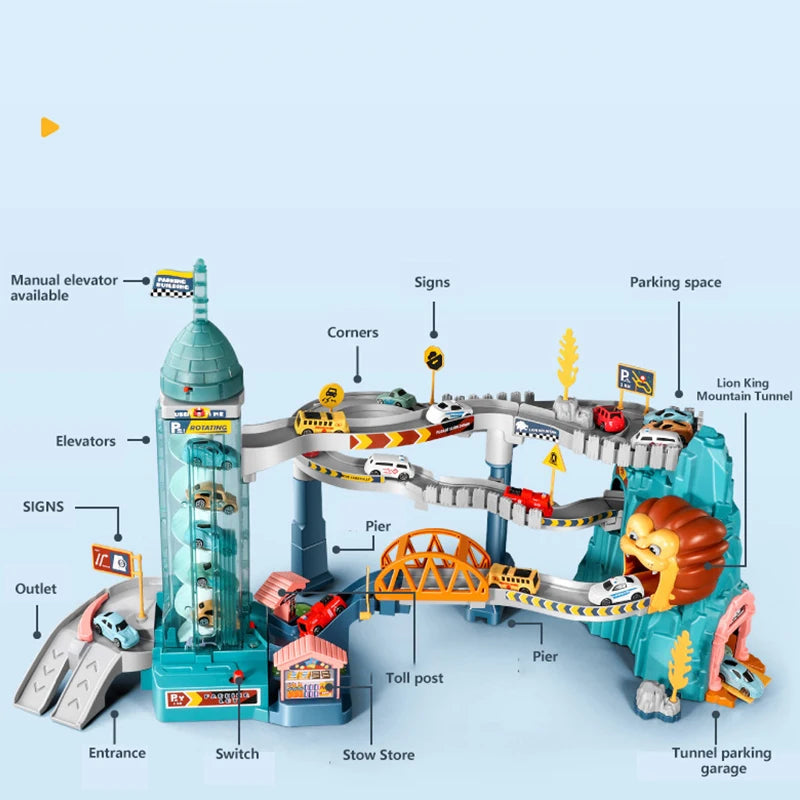 Toy race track set with labeled components on a light blue background