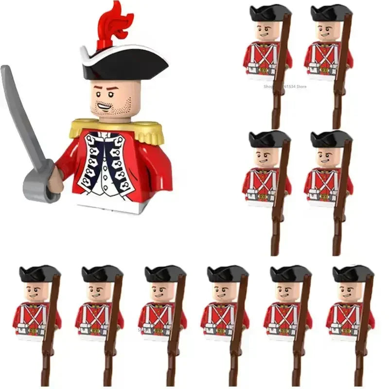 Toy figure of a historical soldier with a sword, surrounded by multiple identical figures on a white background.