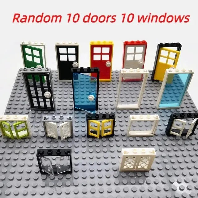 Set of random door and window pieces on a gray baseplate with text 'Random 10 doors 10 windows'.
