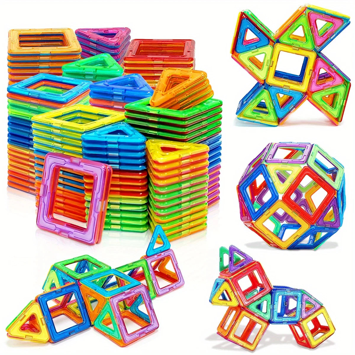 Colorful magnetic building blocks set on a white background